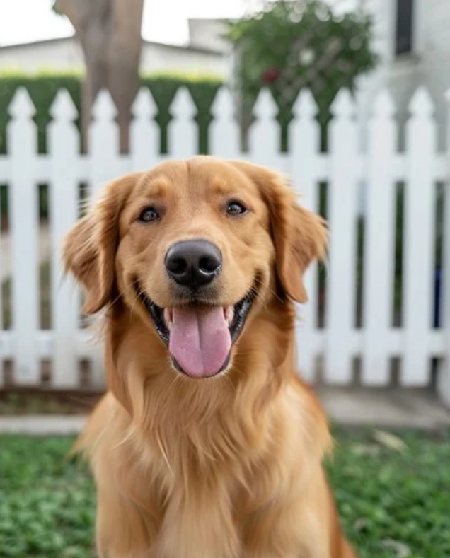 Golden Retriever in a beautiful garden with white picket fence
